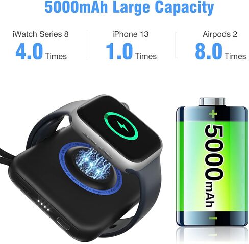 Portable Wireless Charger for Apple Watch 9/8/Ultra//4/37/6/5/2/SE, 5000mAh Magnetic iWatch Charger Power Bank with Built in Cable - Travel for All Apple iWatch & iPhone, Black in Kuwait