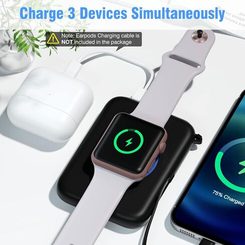 Portable Wireless Charger for Apple Watch 9/8/Ultra//4/37/6/5/2/SE, 5000mAh Magnetic iWatch Charger Power Bank with Built in Cable - Travel for All Apple iWatch & iPhone, Black in Kuwait