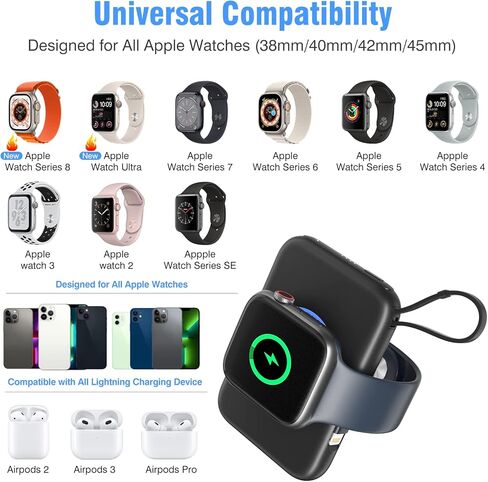 Portable Wireless Charger for Apple Watch 9/8/Ultra//4/37/6/5/2/SE, 5000mAh Magnetic iWatch Charger Power Bank with Built in Cable - Travel for All Apple iWatch & iPhone, Black in Kuwait