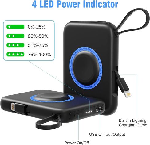 Portable Wireless Charger for Apple Watch 9/8/Ultra//4/37/6/5/2/SE, 5000mAh Magnetic iWatch Charger Power Bank with Built in Cable - Travel for All Apple iWatch & iPhone, Black in Kuwait