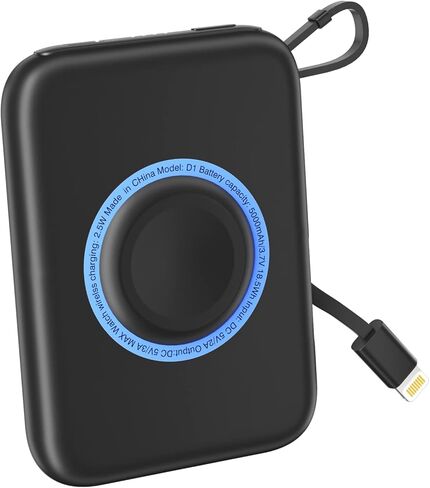 Portable Wireless Charger for Apple Watch 9/8/Ultra//4/37/6/5/2/SE, 5000mAh Magnetic iWatch Charger Power Bank with Built in Cable - Travel for All Apple iWatch & iPhone, Black in Kuwait