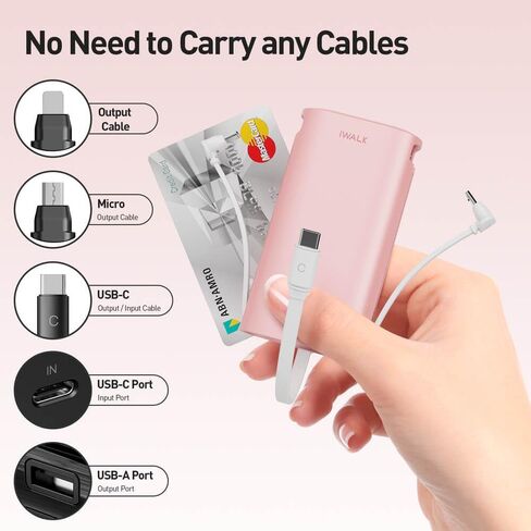 شاحن محمول iWALK PowerSquid مع 3 كابلات مدمجة، بنك طاقة USB C فائق الصغر بقدرة 9000 مللي أمبير في الساعة، شحن سريع 18 وات PD مع شاشة LED، متوافق مع iPhone 15/14/13/12، Samsung Galaxy، Google Pixel in Kuwait