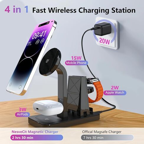 محطة شحن 4 في 1 وشاحن 20 وات، شاحن لاسلكي مغناطيسي سريع، حامل آمن قابل للتعديل لهاتف iPhone 15 14 13 12 Pro/Pro Max/Plus/Mini AirPods 2/3/Pro iWatch Ultra/8/7/SE/6/5 /4/3/2 آيباد in Kuwait