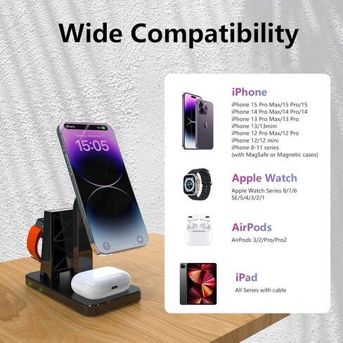 محطة شحن 4 في 1 وشاحن 20 وات، شاحن لاسلكي مغناطيسي سريع، حامل آمن قابل للتعديل لهاتف iPhone 15 14 13 12 Pro/Pro Max/Plus/Mini AirPods 2/3/Pro iWatch Ultra/8/7/SE/6/5 /4/3/2 آيباد in Kuwait