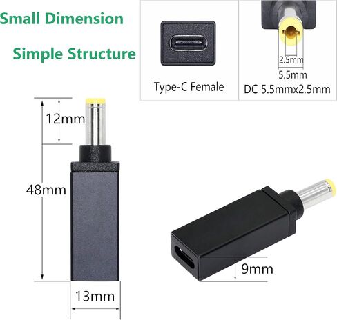 CERRXIAN 100W PD USB Type C أنثى مدخل إلى DC 5.5mm x 2.5mm محول شحن الطاقة (5525a-أسود) in Saudi Arabia