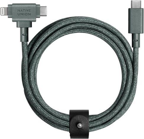 Native Union Belt Cable Duo – 5ft Ultra-Strong Braided Universal Charging Cable – Made with Recycled Material – 2-in-1 Multi-Device MFi Certified Connector for Lightning & Type-C devices (Slate Green) in Kuwait