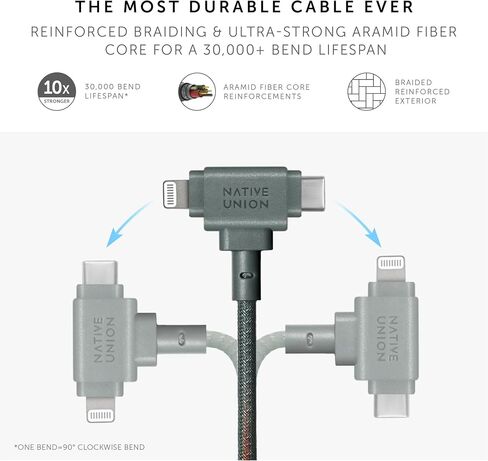 Native Union Belt Cable Duo – 5ft Ultra-Strong Braided Universal Charging Cable – Made with Recycled Material – 2-in-1 Multi-Device MFi Certified Connector for Lightning & Type-C devices (Slate Green) in Kuwait