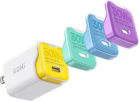 محول طاقة USB-C بقدرة 30 وات، شاحن AOHI 30 وات USB C GaN+ مع أغلفة قابلة للاستبدال بأربعة ألوان وقابس قابل للطي، كتلة شاحن حائط سريع PD PPS لأجهزة iPhone 15 Pro Max/14 وMacBook Air وiPad Pro in Kuwait