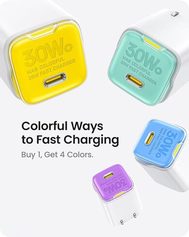 محول طاقة USB-C بقدرة 30 وات، شاحن AOHI 30 وات USB C GaN+ مع أغلفة قابلة للاستبدال بأربعة ألوان وقابس قابل للطي، كتلة شاحن حائط سريع PD PPS لأجهزة iPhone 15 Pro Max/14 وMacBook Air وiPad Pro in Kuwait