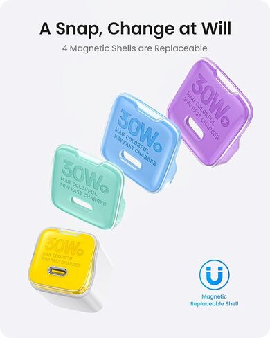 محول طاقة USB-C بقدرة 30 وات، شاحن AOHI 30 وات USB C GaN+ مع أغلفة قابلة للاستبدال بأربعة ألوان وقابس قابل للطي، كتلة شاحن حائط سريع PD PPS لأجهزة iPhone 15 Pro Max/14 وMacBook Air وiPad Pro in Kuwait