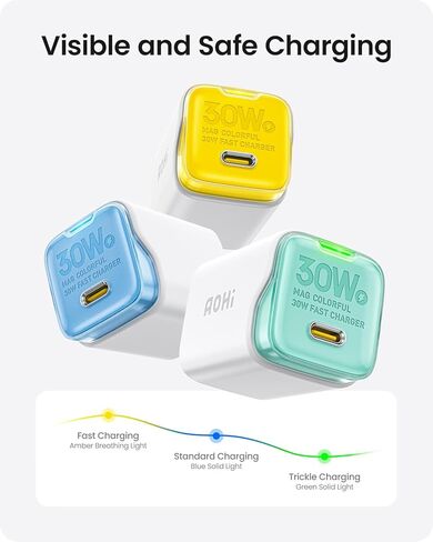 محول طاقة USB-C بقدرة 30 وات، شاحن AOHI 30 وات USB C GaN+ مع أغلفة قابلة للاستبدال بأربعة ألوان وقابس قابل للطي، كتلة شاحن حائط سريع PD PPS لأجهزة iPhone 15 Pro Max/14 وMacBook Air وiPad Pro in Kuwait