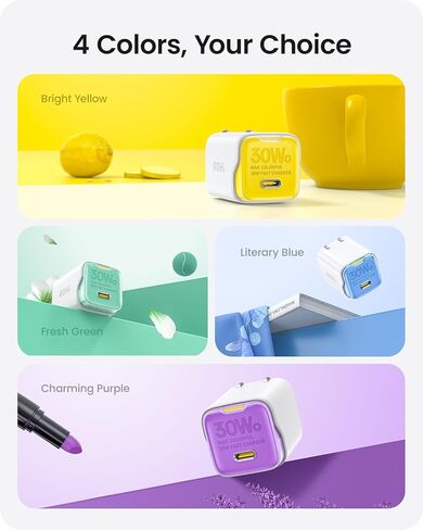 محول طاقة USB-C بقدرة 30 وات، شاحن AOHI 30 وات USB C GaN+ مع أغلفة قابلة للاستبدال بأربعة ألوان وقابس قابل للطي، كتلة شاحن حائط سريع PD PPS لأجهزة iPhone 15 Pro Max/14 وMacBook Air وiPad Pro in Kuwait