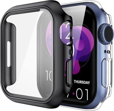 2 Pack Hard PC Case with 9H Tempered Glass Screen Protector Compatible with Apple Watch Series 6/5/4/SE/SE2 40mm, Ultra-Thin Scratch Resistant Overall Protective Cover for Men Women,Black+Clear in Kuwait
