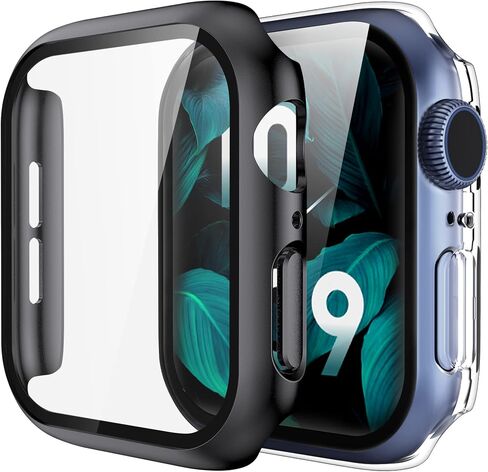 2 Pack Hard PC Case with 9H Tempered Glass Screen Protector Compatible with Apple Watch Series 6/5/4/SE/SE2 40mm, Ultra-Thin Scratch Resistant Overall Protective Cover for Men Women,Black+Clear in Kuwait