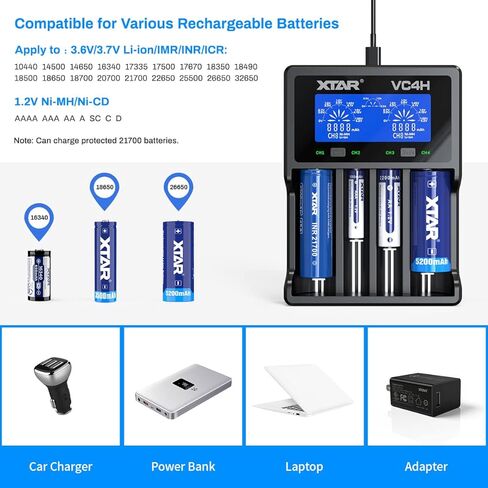 شاحن بطارية 18650 XTAR VC4H 4 Bays 21700 شاحن بطارية USB C شاحن AA AAA شاحن بطارية (محول VC4H + QC3.0) in Saudi Arabia
