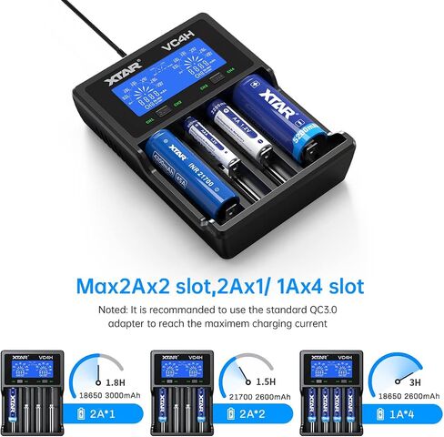 شاحن بطارية 18650 XTAR VC4H 4 Bays 21700 شاحن بطارية USB C شاحن AA AAA شاحن بطارية (محول VC4H + QC3.0) in Saudi Arabia