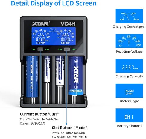 شاحن بطارية 18650 XTAR VC4H 4 Bays 21700 شاحن بطارية USB C شاحن AA AAA شاحن بطارية (محول VC4H + QC3.0) in Saudi Arabia
