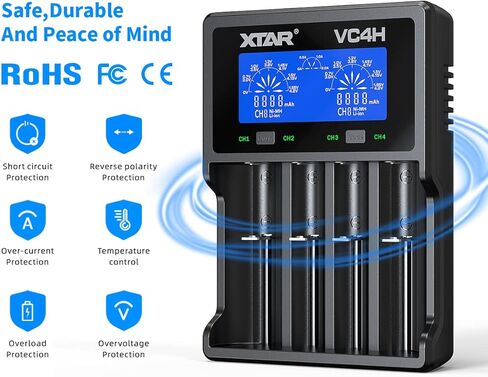 شاحن بطارية 18650 XTAR VC4H 4 Bays 21700 شاحن بطارية USB C شاحن AA AAA شاحن بطارية (محول VC4H + QC3.0) in Saudi Arabia