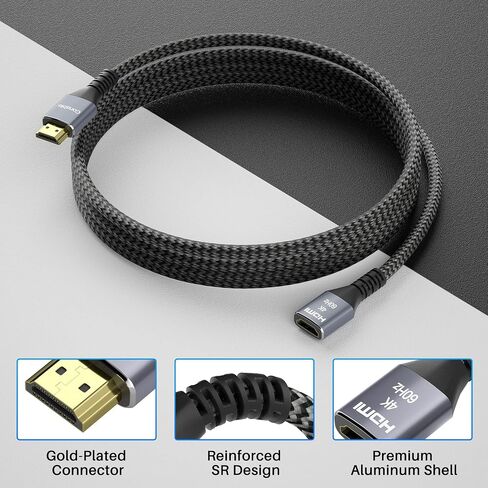 4K HDMI Extension Cable 25 Feet, HDMI 2.0 Braided Extender Male to Female Cord, Pure Copper 3D 4K@60Hz 2160p 1080p HDR HDCP 2.2 ARC (with 25 Ties, 25 U Nails, 2 HDMI Adapters)- 25FT in Kuwait