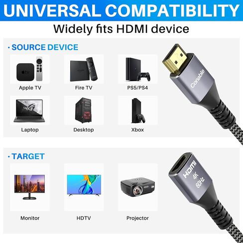 4K HDMI Extension Cable 25 Feet, HDMI 2.0 Braided Extender Male to Female Cord, Pure Copper 3D 4K@60Hz 2160p 1080p HDR HDCP 2.2 ARC (with 25 Ties, 25 U Nails, 2 HDMI Adapters)- 25FT in Kuwait