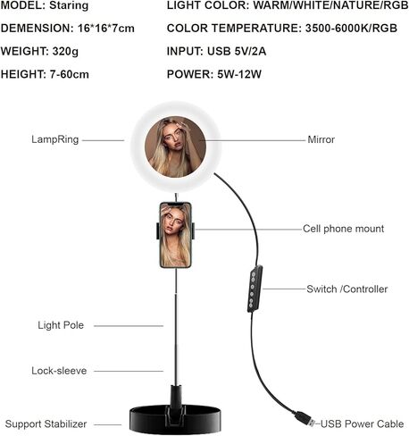 مجموعة إضاءة حلقية قابلة للطي من IODOO، مرآة مكياج، مرآة فانيتي مع 6.2 بوصة/16 ​​سم LED، 2700K-6500K/RGB، قابلة للتعتيم، جهاز تحكم عن بعد، قابلة للتطوير، محمولة، يوتيوب، تيك توك، صورة ذاتية، أسود in Kuwait