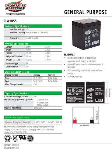 Interstate Batteries 12V 5Ah Battery (SLA1055) - SLA/AGM Replacement Battery for Alarm Systems, Security, Garage Door Openers for Chamberlain, Genie, Liftmaster, Craftsman, Workhorse (F1 Terminals) in Saudi Arabia