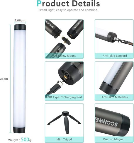 SOONWELL MT1 مصباح فيديو RGB LED مقاوم للماء وقابل لإعادة الشحن ومضاد للماء وقابل لإعادة الشحن، ضوء LED عاكس للضوء، CRI 96+، TLCI 97+ مع بطارية مدمجة 7650 مللي أمبير في الساعة وتحكم عن طريق التطبيق in Kuwait