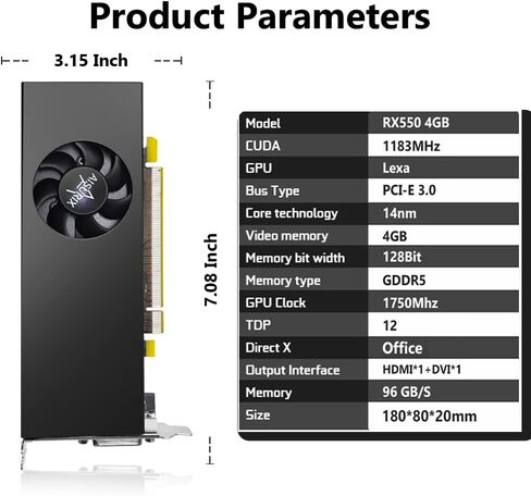 بطاقة رسومات AISURIX RX 550 سعة 4 جيجابايت، بطاقة فيديو كمبيوتر LP GDDR5 128 بت مع منافذ HDMI/DVI، بطاقة رسومات DirectX 12 PCI Express 3.0X8 GPU لأجهزة الكمبيوتر الشخصية للألعاب (النمط 2) in Kuwait