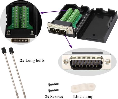 DB15 Screw Terminal Block Adapter D-SUB 15 Pin 2 Row DB15 Male to 16 Pin/Way Female Serial Terminal Breakout Board Connector Signal Module with case (2Pcak/Male) in Kuwait