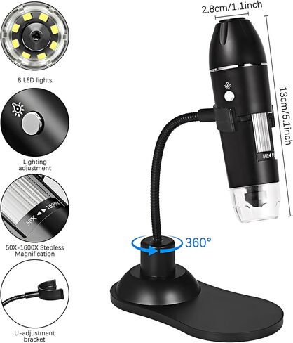 مجهر رقمي USB مريح تكبير 50x-1600x مع حامل قابل للتعديل، 8 مصابيح LED، كاميرا مجهر محمولة عالية الدقة للبالغين، والأطفال متوافق مع أجهزة كمبيوتر Android iPad Windows Mac in Kuwait