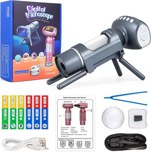 مجهر رقمي محمول للأطفال من JOYALENS JL012، مجهر محمول للأطفال 50x-300x، كاميرا مجهر USB LCD مقاس 2 بوصة لهدايا الأطفال، مجموعة ألعاب علمية تعليمية مع شرائح مُجهزة، 8 جيجابايت (رمادي) in Kuwait