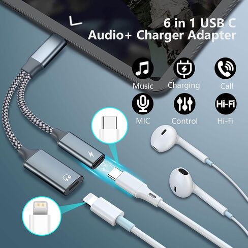 محول صوت USB C إلى Lightning، محول سماعة رأس 2 في 1 USB C ذكر إلى Lightning أنثى ودونجل شحن PD 60 وات متوافق مع iPhone 15/15Pro وiPad Pro وiPad Air 5/4 وMacBook وGalaxy S23/S22 in Kuwait