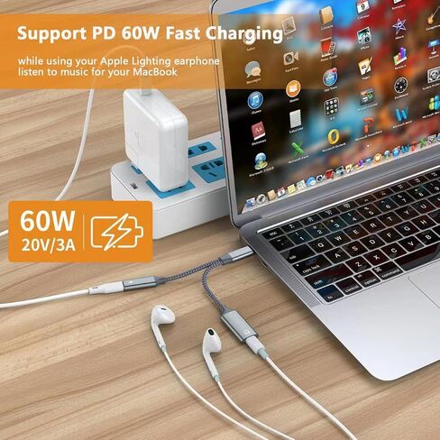 محول صوت USB C إلى Lightning، محول سماعة رأس 2 في 1 USB C ذكر إلى Lightning أنثى ودونجل شحن PD 60 وات متوافق مع iPhone 15/15Pro وiPad Pro وiPad Air 5/4 وMacBook وGalaxy S23/S22 in Kuwait