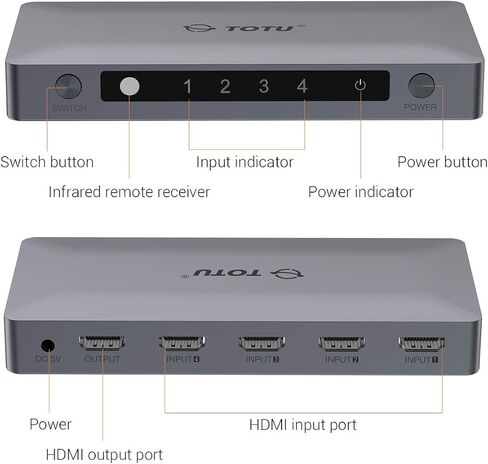 TOTU HDMI Switch 4 Ports (4 x 1) 4K 60Hz HDMI 2.0 Switcher with IR Remote Control Support HDR & HDCP 2.2 Pass-Through & 3D &Full HD 1080P, Compatible for PS3/PS4, Xbox 360/One, HDTV, Blu-Ray Player in Saudi Arabia