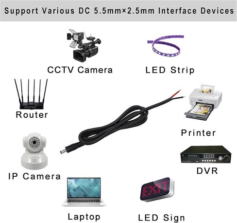 GINTOOYUN 2 Pack DC Power Pigtails Cable, DC 5.5mm x 2.5mm Male Plug Jack to Bare Wire Open End Power Supply Replacement Repair Cord, for Security Camera,LED Strip Light,DVR 3FT (black-1m) in Saudi Arabia