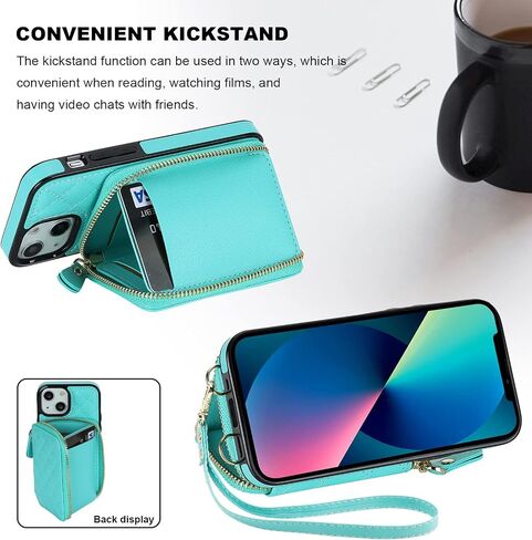 حافظة محفظة Bocasal Crossbody لهاتف iPhone 13 Mini، غطاء قلاب لحقيبة اليد من جلد البولي يوريثان بسحاب RFID، حافظة بمسند فوليو مع فتحات للبطاقات وحزام معصم 5G 5.4 بوصة (أحمر) in Kuwait