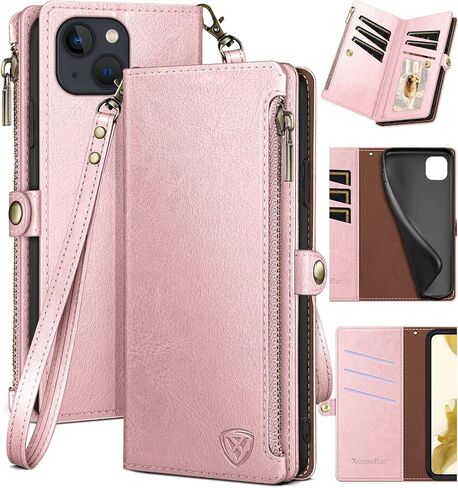 XcaseBar for iPhone 15 Plus 6.7" Wallet case with Zipper Credit Card Holder RFID Blocking,Flip Folio Book PU Leather Shockproof Strap Protective Cover Women Men for Apple 15Plus Phone case Wine Red in Kuwait