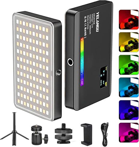 YELANGU 140 RGB Video Light & Camera LED Strap Tripod - Full Color CRI95+ Dimmable 2500K-9000K, 26 Scene Effects, DSLR Lighting for Photography, Videoconferencing. Ideal for Macro & Product Shooting in Kuwait