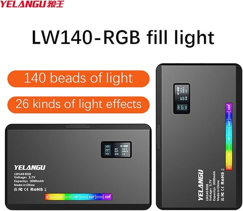 YELANGU 140 RGB Video Light & Camera LED Strap Tripod - Full Color CRI95+ Dimmable 2500K-9000K, 26 Scene Effects, DSLR Lighting for Photography, Videoconferencing. Ideal for Macro & Product Shooting in Kuwait