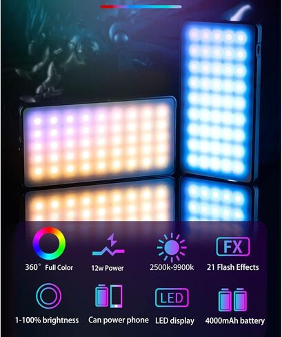 مصباح فيديو Nkmooxe T12 RGB، ضوء كاميرا RGB محمول، بطارية مدمجة 4000 مللي أمبير في الساعة، 360 لون كامل 21 تأثير ضوئي، لوحة LED 2500-9000K مع هيكل من سبائك الألومنيوم in Kuwait
