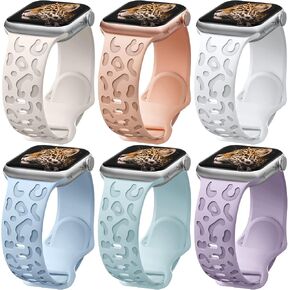 6 Pack Leopard Engraved Band Compatible with Apple Watch Band 40mm 38mm 41mm 44mm 45mm 49mm Women, Cheetah Sport Silicone Wristbands Replacement for iWatch Series 9 8 7 SE Ultra 6 5 4 3 Starlight-38 in Kuwait