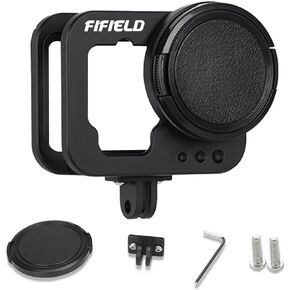 حافظة واقية من الألومنيوم من FIFIELD لـ GoPro Hero 12 Hero 11/10/9 باللون الأسود، إطار معدني للباب الخلفي، قفص فيديو قابل للتوصيل بسلك مفتوح جانبي مع فلتر للأشعة فوق البنفسجية 52 مم لملحقات Go Pro 12 11 10 9