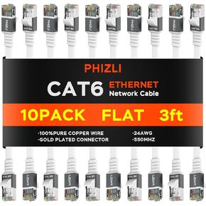 كابل إيثرنت PHIZLI CAT6A بطول 10 أقدام، سلك كمبيوتر جيجابت مسطح نحيف عالي السرعة من Cat6 مع غلاف من الألومنيوم وموصلات مطلية بالذهب، أسرع من كابل شبكة Cat6/Cat5e/Cat5 - أبيض