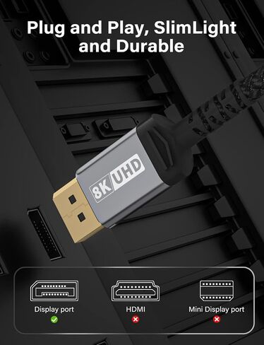 كابل HIIRII DisplayPort 1.4، كابل DP 8K 6.6FT (8K@60هرتز، 4K@144هرتز، 1080P@240هرتز) 32.4 جيجابت في الثانية، HDCP 2.2، HDR10 DisplayPort 1.4 لشاشة الألعاب، الرسومات، الكمبيوتر الشخصي (10أقدام، رمادي، 1) in Saudi Arabia