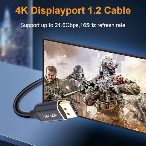 كابل VEECOH 4K DisplayPort بطول 1.2,15FT/5M، 4K@60 هرتز، 2K@144 هرتز، سلك DisplayPort فائق السرعة مطلي بالذهب لأجهزة الكمبيوتر المحمول وشاشة الألعاب TV PC - رمادي in Kuwait