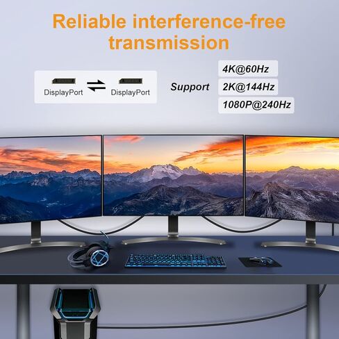 كابل VEECOH 4K DisplayPort بطول 1.2,15FT/5M، 4K@60 هرتز، 2K@144 هرتز، سلك DisplayPort فائق السرعة مطلي بالذهب لأجهزة الكمبيوتر المحمول وشاشة الألعاب TV PC - رمادي in Kuwait