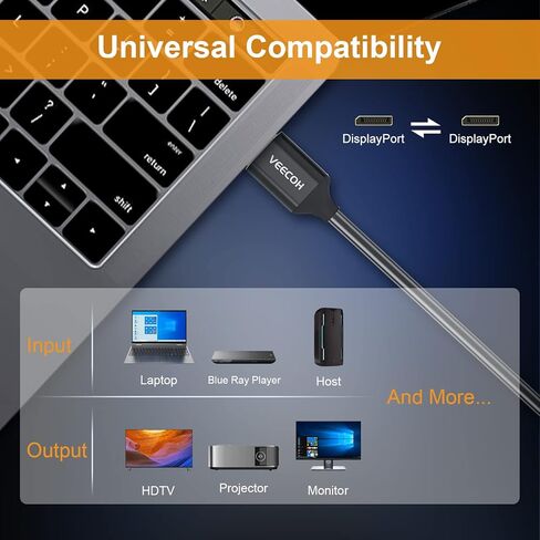 كابل VEECOH 4K DisplayPort بطول 1.2,15FT/5M، 4K@60 هرتز، 2K@144 هرتز، سلك DisplayPort فائق السرعة مطلي بالذهب لأجهزة الكمبيوتر المحمول وشاشة الألعاب TV PC - رمادي in Kuwait