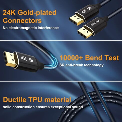 كابل VEECOH 4K DisplayPort بطول 1.2,15FT/5M، 4K@60 هرتز، 2K@144 هرتز، سلك DisplayPort فائق السرعة مطلي بالذهب لأجهزة الكمبيوتر المحمول وشاشة الألعاب TV PC - رمادي in Kuwait