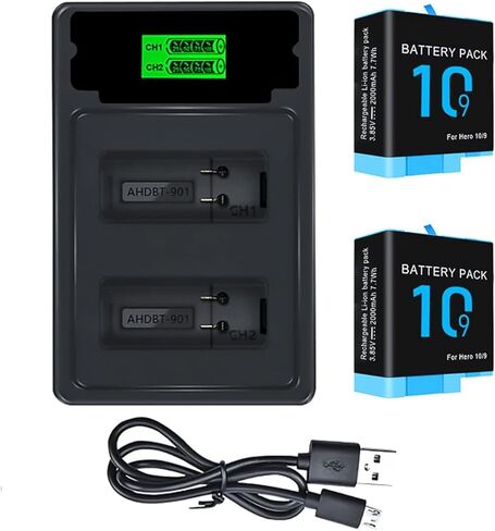 Bonadget 2000mAh 2-Pack Battery and 2-Channel Charger for Gopro Hero 11/10/9 with USB and Type-C Charging Port for Gopro Hero11/Hero 10/Hero 9 Battery and Charger Bundle with LED Display Screen in Kuwait