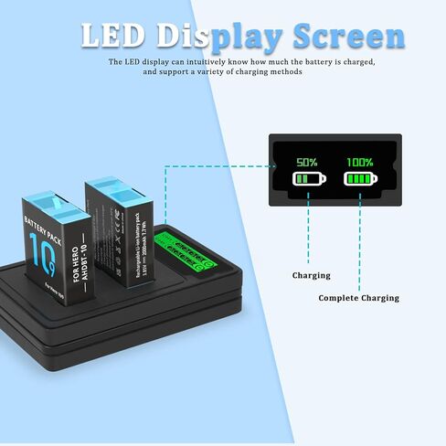 Bonadget 2000mAh 2-Pack Battery and 2-Channel Charger for Gopro Hero 11/10/9 with USB and Type-C Charging Port for Gopro Hero11/Hero 10/Hero 9 Battery and Charger Bundle with LED Display Screen in Kuwait